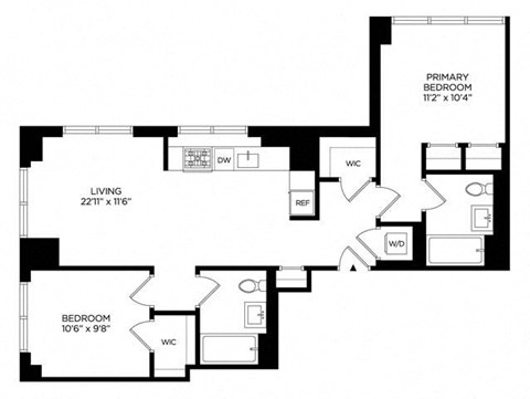 Floor plan for 2 beds, 2 baths, 914 sqft