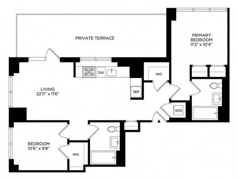 Floor plan for 2 beds, 2 baths, 914 sqft