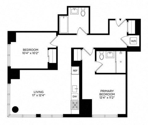 Floor plan for 2 beds, 1 bath, 940 sqft