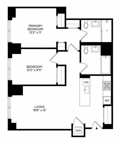 Floor plan for 2 beds, 2 baths, 964 sqft