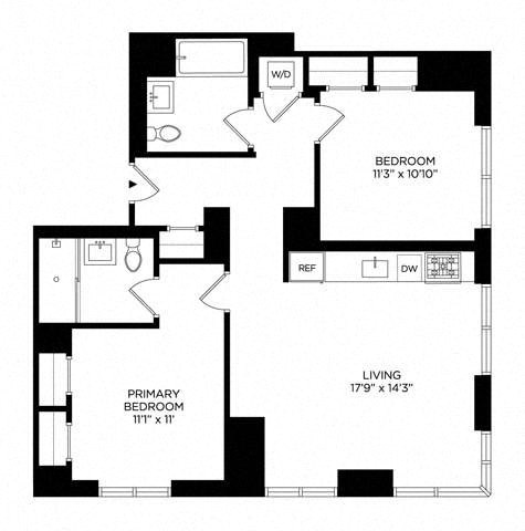 Floor plan for 2 beds, 2 baths, 976 sqft