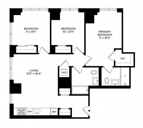 Floor plan for 3 beds, 2 baths, 1073 sqft
