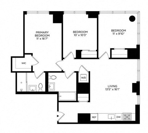 Floor plan for 3 beds, 2 baths, 1074 sqft