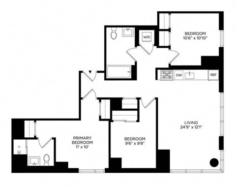 Floor plan for 3 beds, 2 baths, 1094 sqft