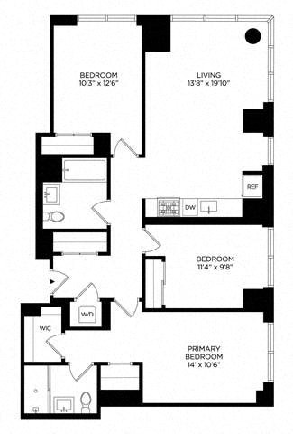 Floor plan for 3 beds, 2 baths, 1218 sqft