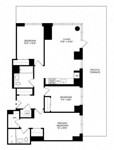 Floor plan for 3 beds, 2 baths, 1218 sqft