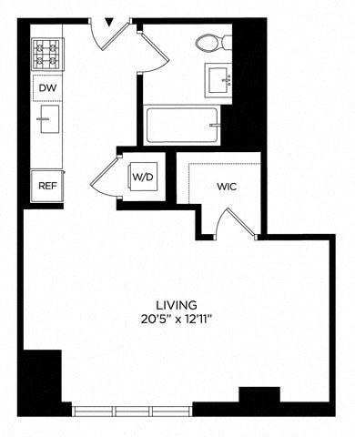 Floor plan for studio, 1 bath, 490 sqft