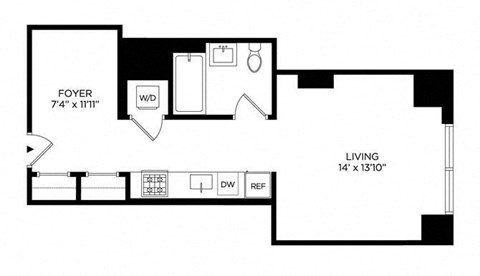 Floor plan for studio, 1 bath, 516 sqft