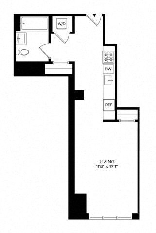 Floor plan for studio, 1 bath, 544 sqft