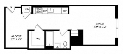 Floor plan for studio, 1 bath, 569 sqft