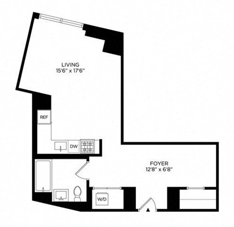 Floor plan for studio, 1 bath, 588 sqft