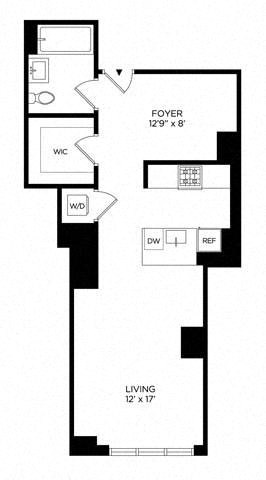 Floor plan for studio, 1 bath, 591 sqft