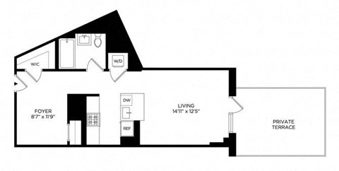 Floor plan for studio, 1 bath, 594 sqft