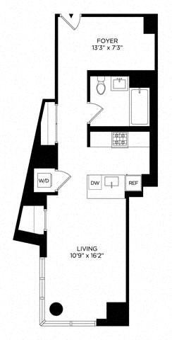 Floor plan for studio, 1 bath, 603 sqft