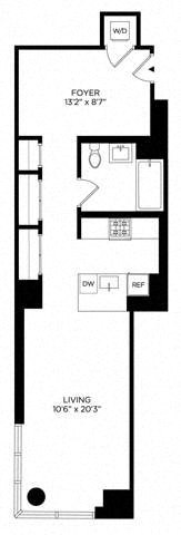 Floor plan for studio, 1 bath, 685 sqft