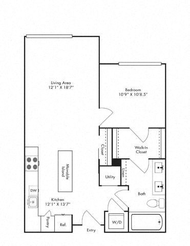 Floor plan for 1 bed, 1 bath, 764 sqft