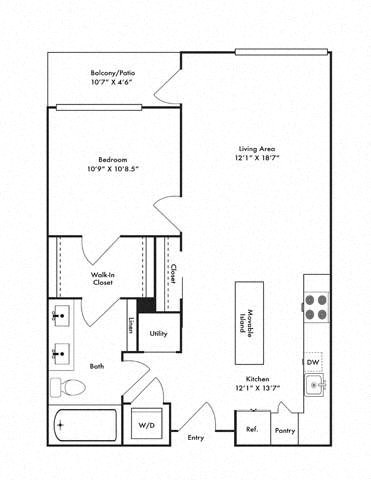 Floor plan for 1 bed, 1 bath, 764 sqft