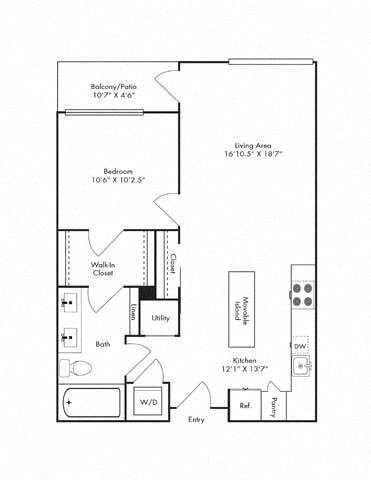 Floor plan for 1 bed, 1 bath, 764 sqft