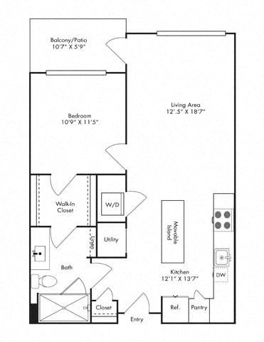 Floor plan for 1 bed, 1 bath, 764 sqft