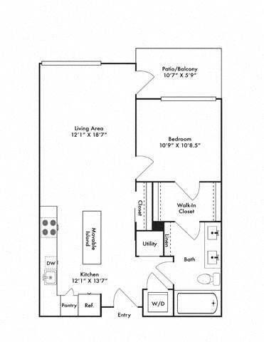 Floor plan for 1 bed, 1 bath, 764 sqft
