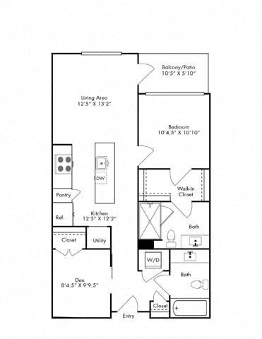 Floor plan for 1 bed, 2 baths, 894 sqft