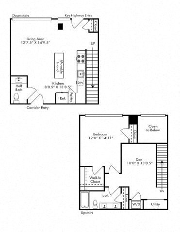 Floor plan for 1 bed, 1.5 baths, 1363 sqft