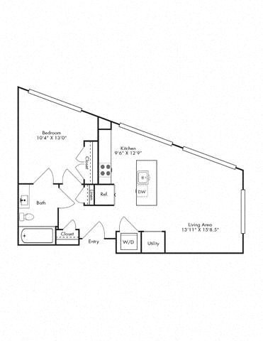 Floor plan for 1 bed, 1 bath, 757 sqft