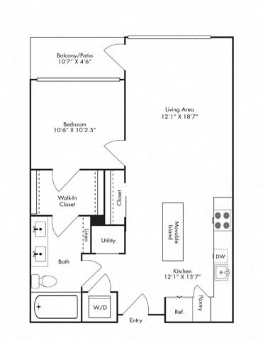 Floor plan for 1 bed, 1 bath, 757 sqft