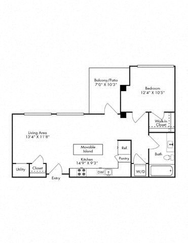 Floor plan for 1 bed, 1 bath, 773 sqft