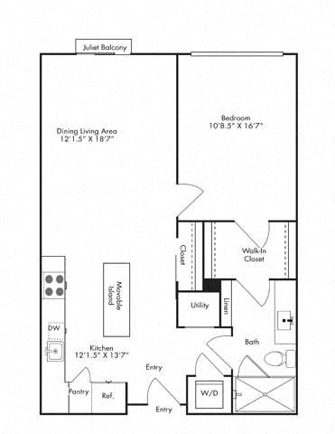 Floor plan for 1 bed, 1 bath, 814 sqft