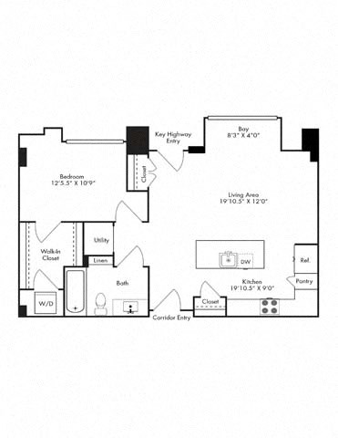 Floor plan for 1 bed, 1 bath, 820 sqft