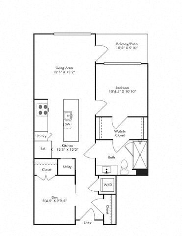 Floor plan for 1 bed, 1 bath, 828 sqft