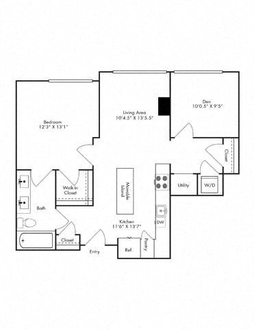Floor plan for 1 bed, 1 bath, 844 sqft