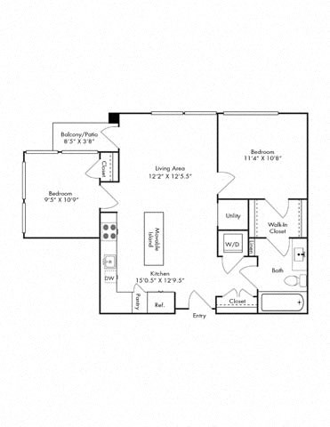 Floor plan for 2 beds, 1 bath, 848 sqft