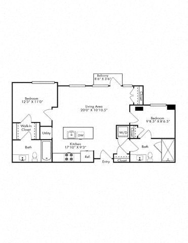 Floor plan for 2 beds, 2 baths, 1000 sqft