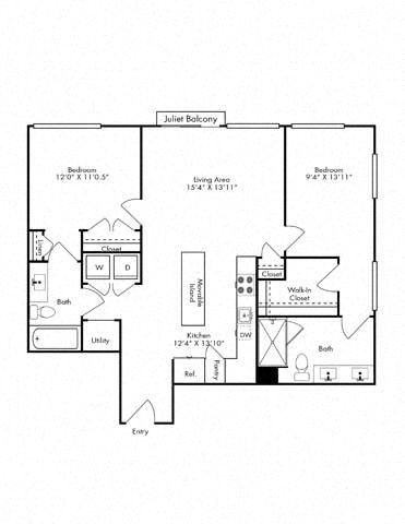 Floor plan for 2 beds, 2 baths, 1093 sqft