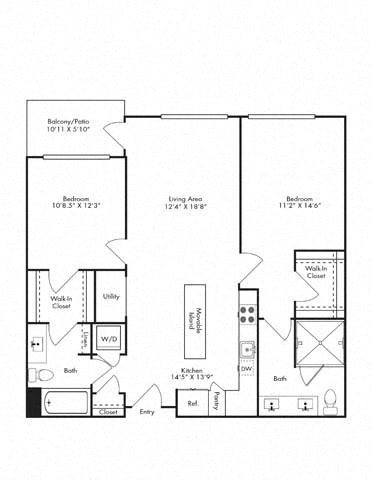 Floor plan for 2 beds, 2 baths, 1176 sqft