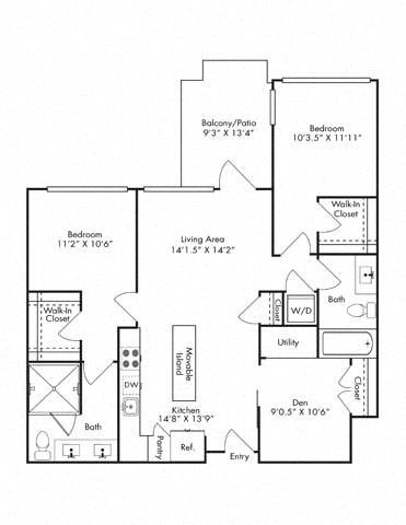 Floor plan for 2 beds, 2 baths, 1234 sqft