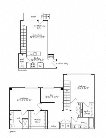 Floor plan for 2 beds, 2.5 baths, 1685 sqft