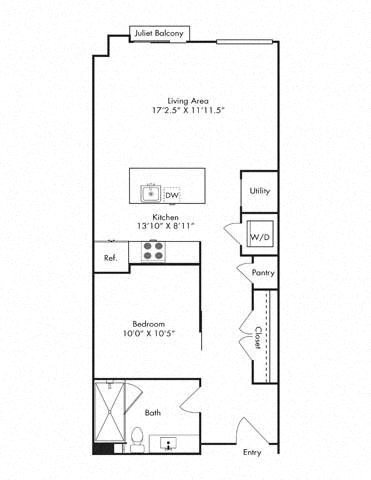 Floor plan for 1 bed, 1 bath, 713 sqft