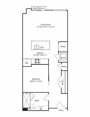 Floor plan for 1 bed, 1 bath, 726 sqft