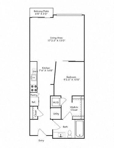 Floor plan for 1 bed, 1 bath, 726 sqft