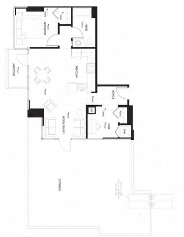Floor plan for 1 bed, 1 bath, 855 sqft