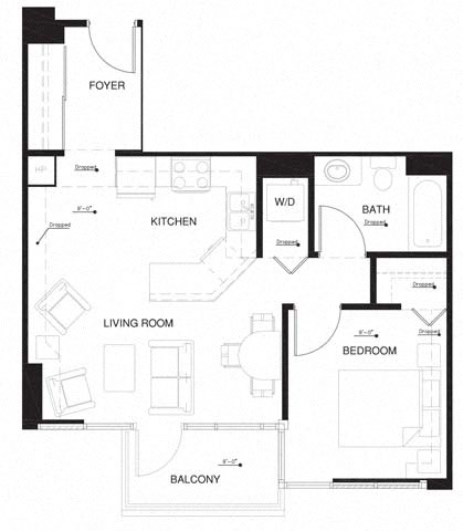 Floor plan for 1 bed, 1 bath, 604 sqft