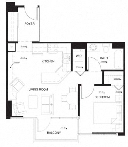 Floor plan for 1 bed, 1 bath, 604 sqft