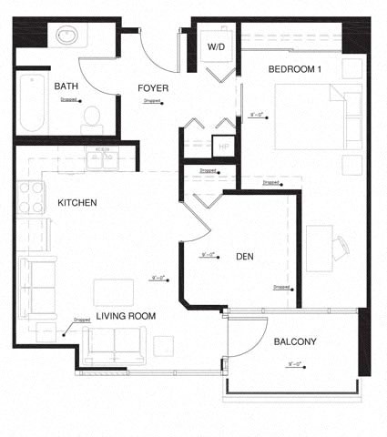 Floor plan for 1 bed, 1 bath, 694 sqft