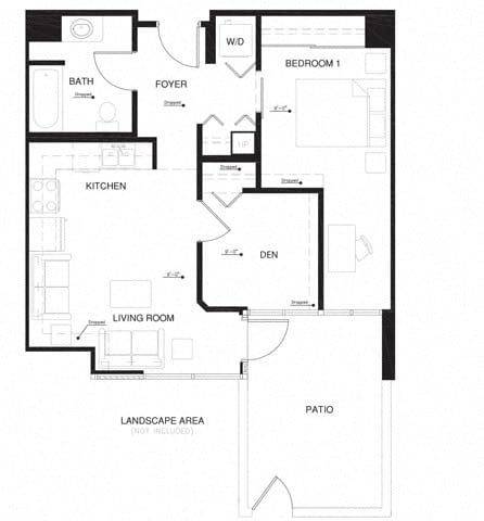 Floor plan for 1 bed, 1 bath, 694 sqft