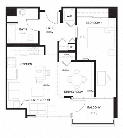 Floor plan for 1 bed, 1 bath, 694 sqft