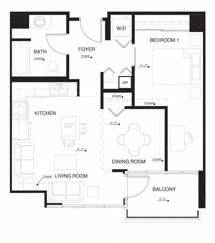 Floor plan for 1 bed, 1 bath, 694 sqft