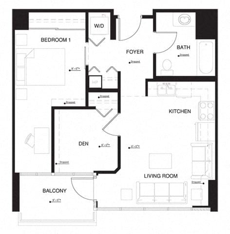 Floor plan for 1 bed, 1 bath, 712 sqft